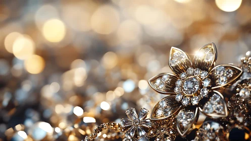 Macro close-up of gold floral diamond jewelry bokeh background