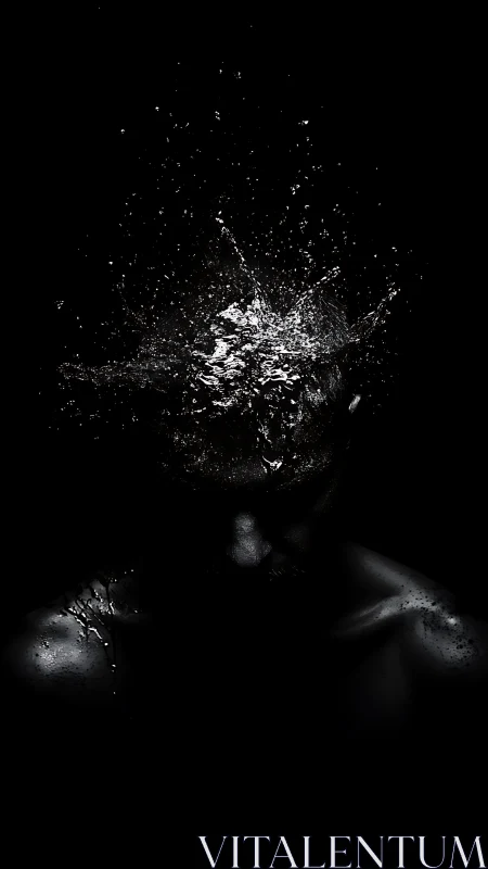 Human torso in darkness with water impact bursting upward