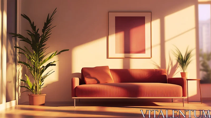 Sunlit minimalist living room with coral modern sofa.