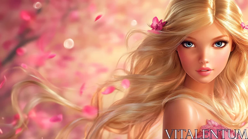 Blonde fantasy girl glows amid swirling pink blossom petals