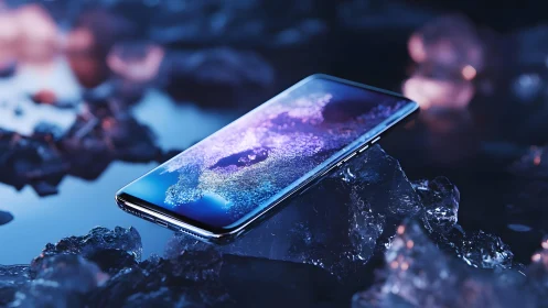 Modern smartphone on icy rocks with glowing futuristic display.