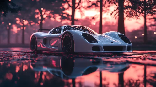 White sports coupe on wet reflective pavement at dusk.