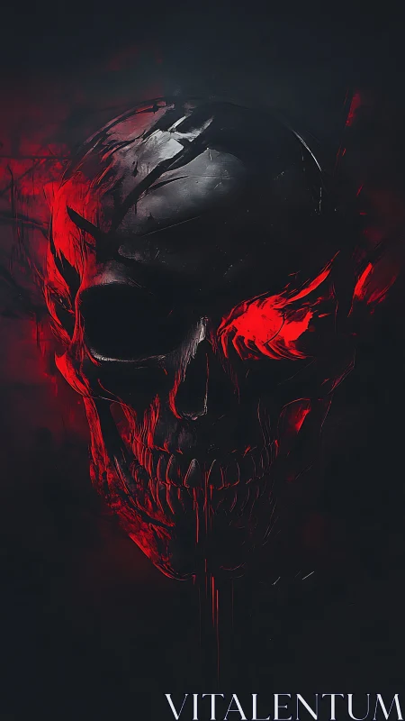 Burning crimson skull emerges from darkness with molten cracks