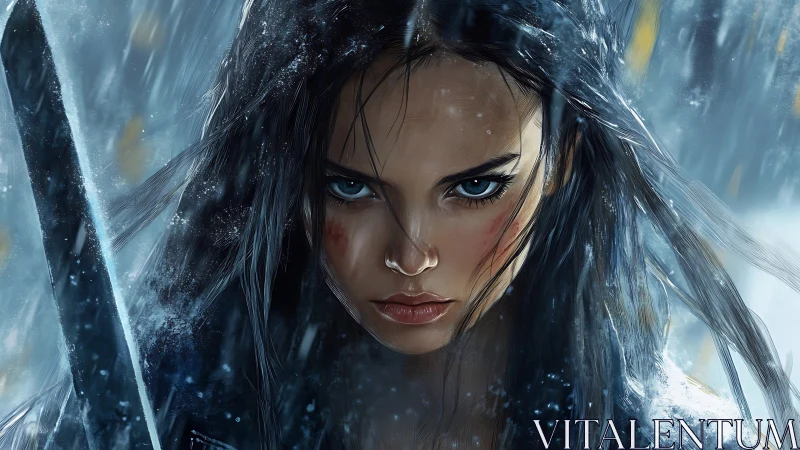 Fierce warrior woman stares forward through driving storm