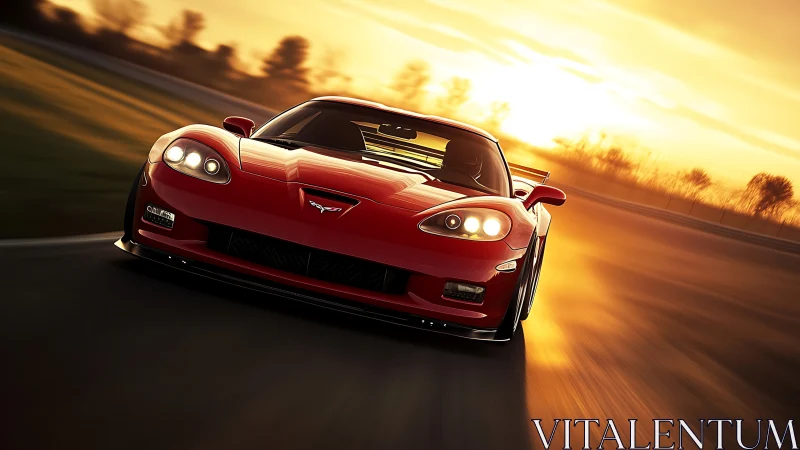 Red sports car racing into golden sunset light on track.