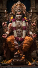 Ornate Hindu deity statue adorned with garlands and jewelry.