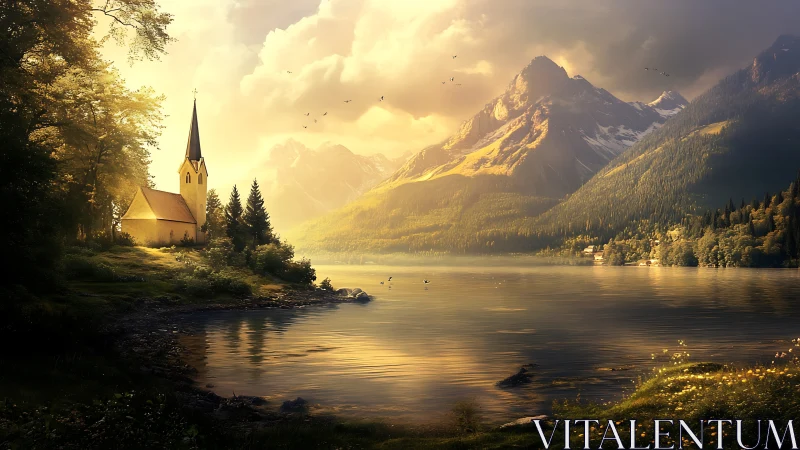Lakefront chapel under golden light beside mountain range.