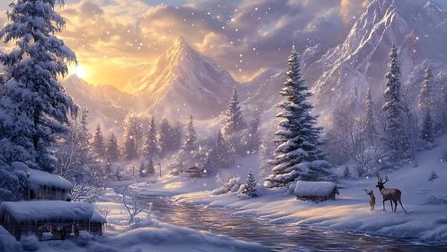 Snowy mountain valley with river, cabins, and wild deer.