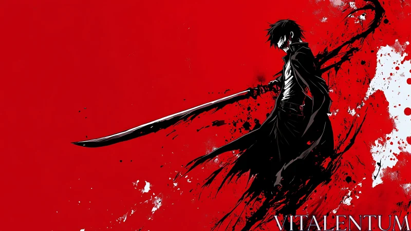 Shadowed swordsman cuts across a storm of red energy.