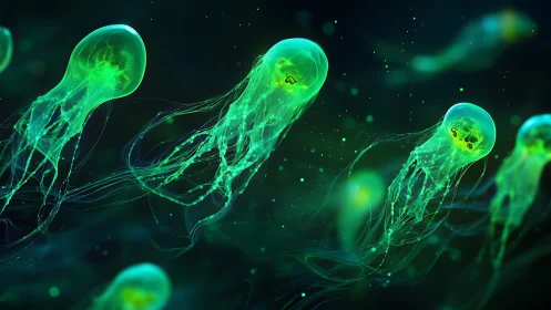 Bioluminescent medusoids in neon pelagic drift visualization.