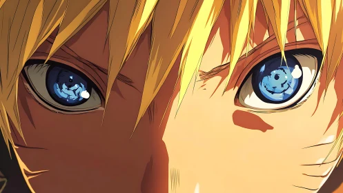 Close-up of blond anime face with detailed blue eyes.