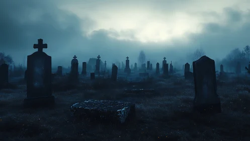 Fog-covered cemetery landscape is shown in low blue light