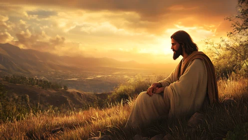 Figure in robe sits on hillside overlooking sunset valley