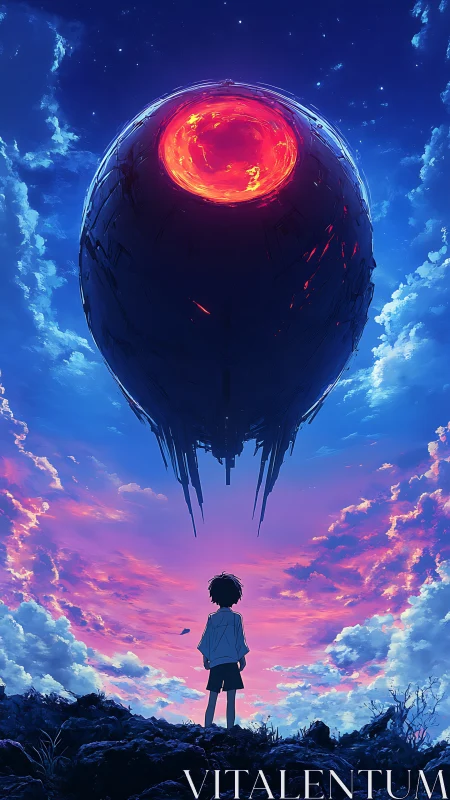 Young dreamer quietly greets a burning alien sky visitor