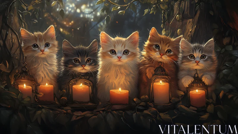 Five Cats with Candles in Forest Setting