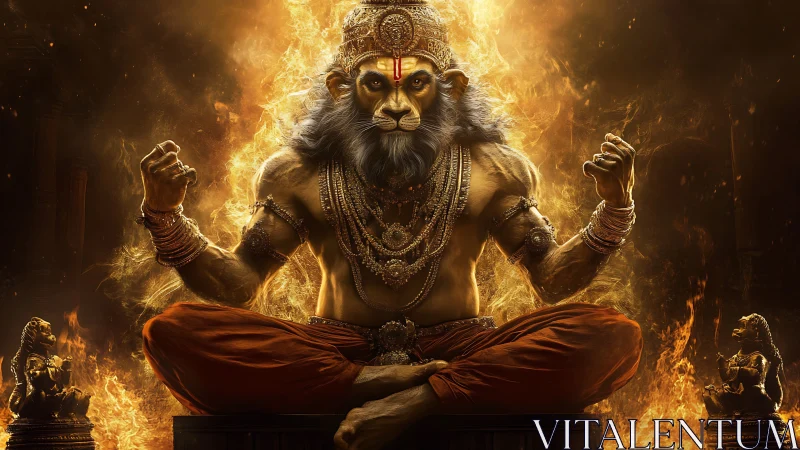 Lion-headed fire sage channels molten calm and cosmic rage