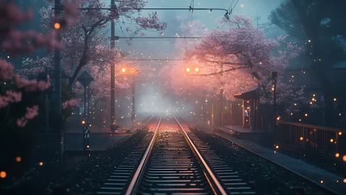 Railway tracks under cherry blossoms in evening mist.