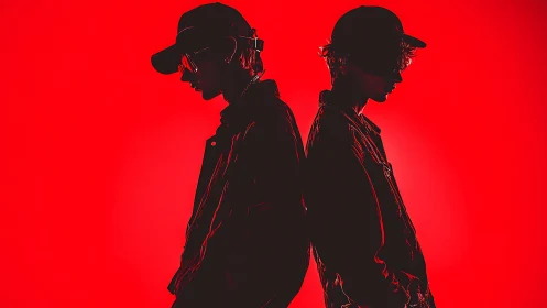 Backlit streetwear silhouettes against saturated red studio background