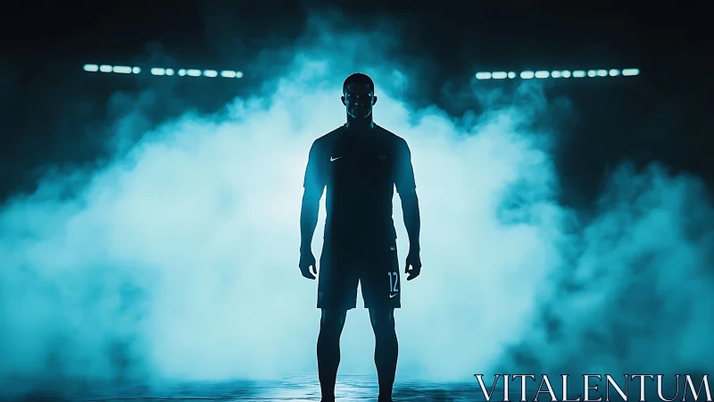 Backlit footballer silhouette emerges through cyan atmospheric haze