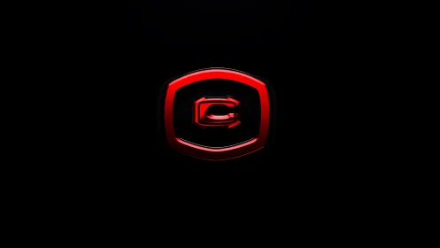 3D gloss red monogram emblem on black minimalist field.