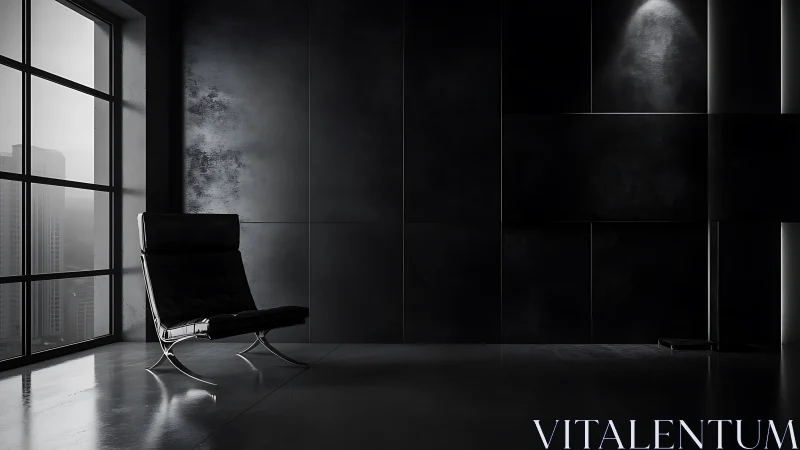 Minimalist interior with chair positioned before large window.