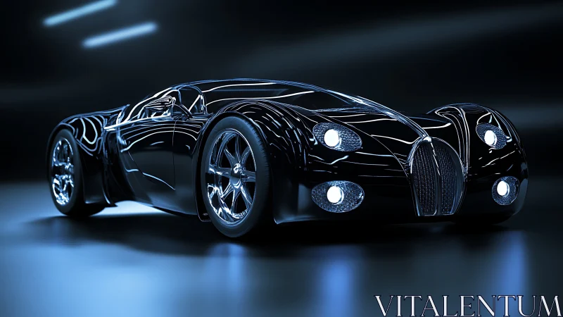 High-gloss black hypercar render with retro-streamlined body