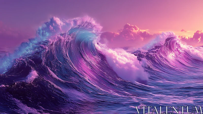 Chromatic ocean waves under magenta sunset sky period.
