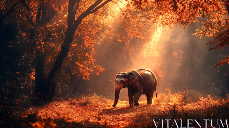 Elephant walking through sunlit autumn forest clearing.