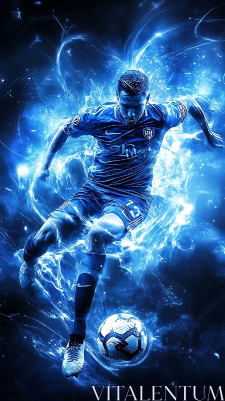 Electrified football striker carved from streaking blue light.