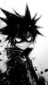 High-contrast monochrome anime antihero rendered in ink splatter