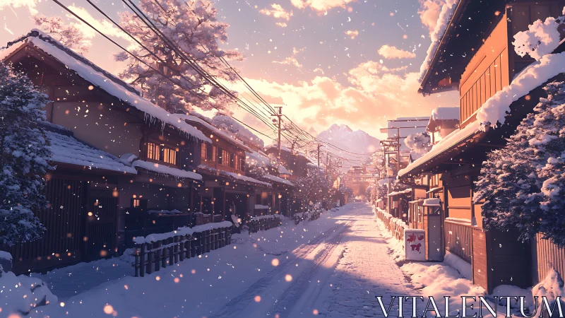 Snow-laden Japanese street under pastel winter sunrise glow.