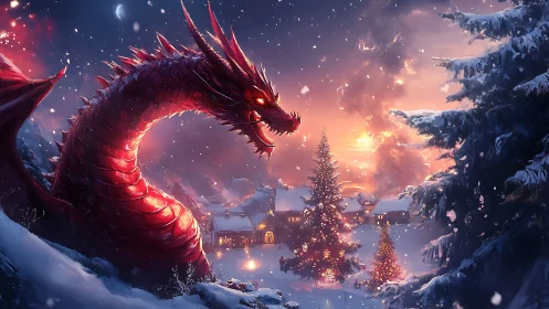 Red dragon occupies snowy village landscape at winter dusk