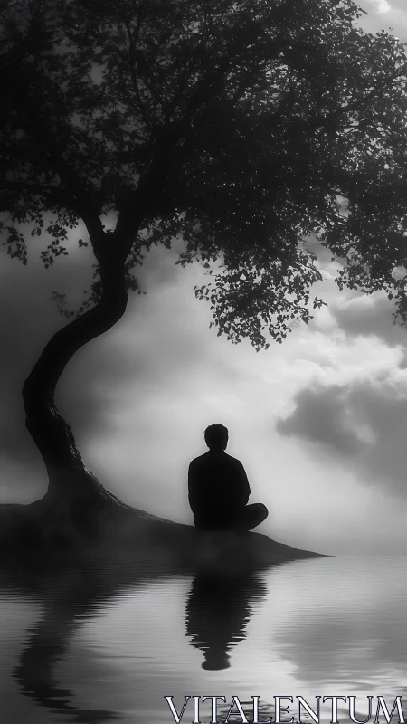 Monochrome silhouette meditating by tree over still water