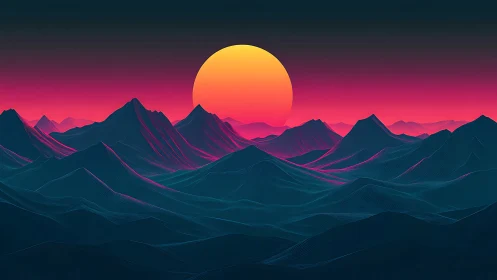 Geometric mountain ranges under stylized digital sunset.