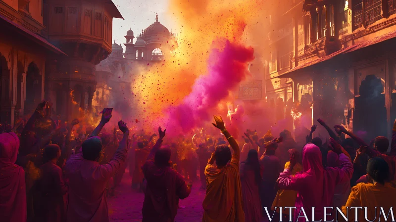 Holi street erupts in blazing clouds of color and joy.