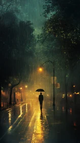 Streetlight rain turns a lone umbrella into quiet theater