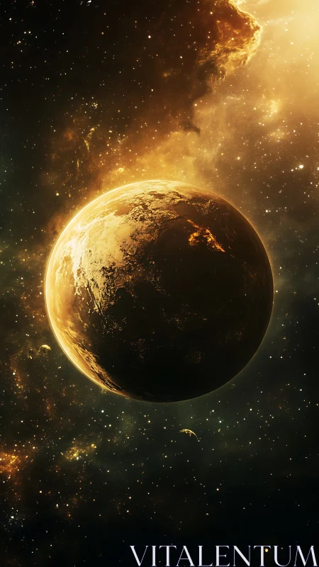 Illuminated exoplanet rendered with high contrast volumetric nebulae