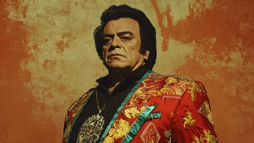 Regal portrait in ornate red brocade jacket against ochre wall.