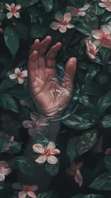 Drowned garden hand reaching through glassy, enchanted water.