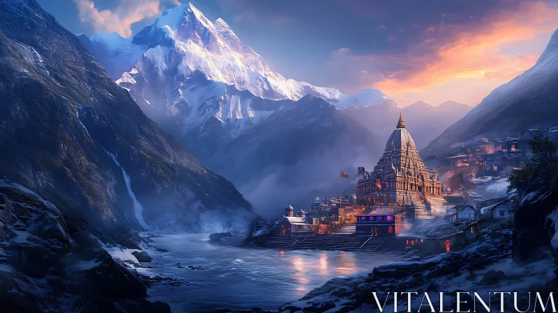 Mountain river shrine glowing under a dreamy winter sunrise.