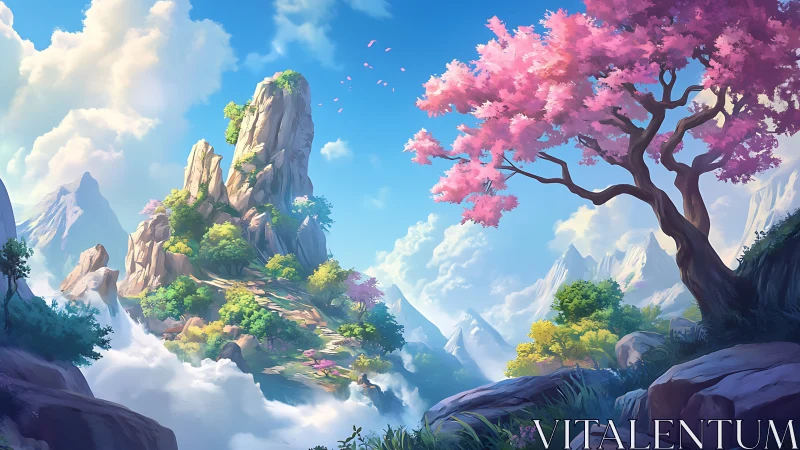 Blooming cherry tree overlooks sunlit fantasy mountain valley