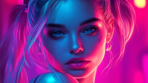Neon lit cyber girl gazes forward with intense allure