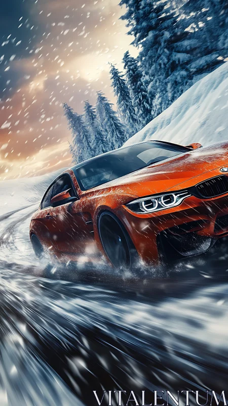 Orange sports coupe drifts through dynamic snowy mountain pass