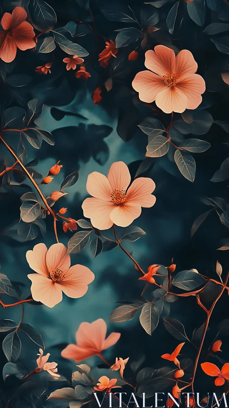 Coral Blossoms Against Deep Teal Foliage