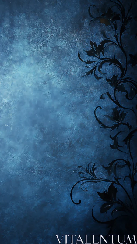 Elegant dark floral scrollwork on textured blue background.