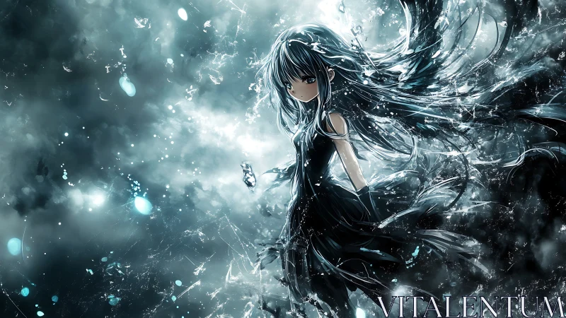 Mystical anime girl drifts through swirling cosmic starlight