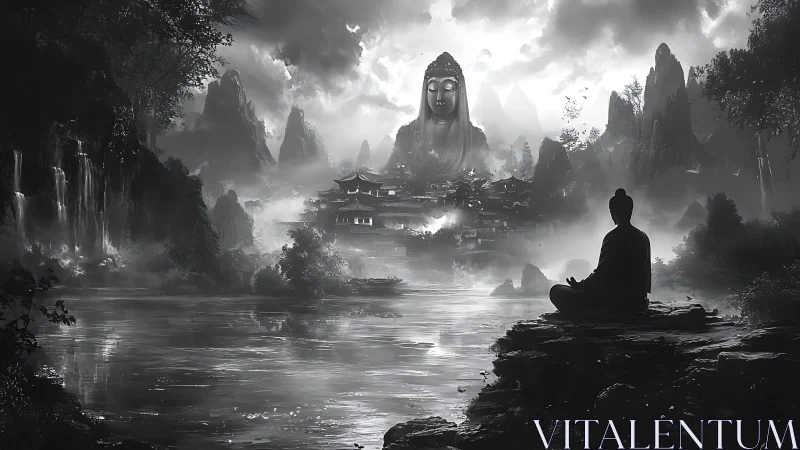Monochrome river valley with seated figure and large statue.