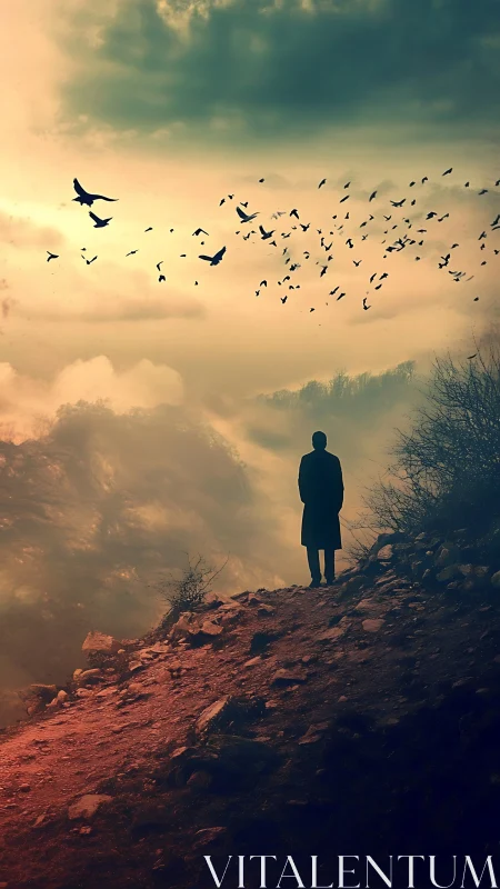Solitary figure studies migrating birds above misted canyon ridge