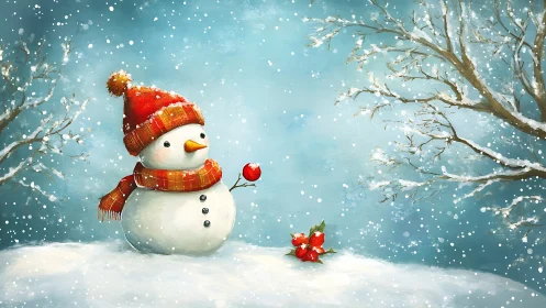 Snowman in red knit hat amid drifting winter snowfall.