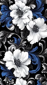 Ornamental Floral Pattern: White Blooms with Cobalt Accents.
